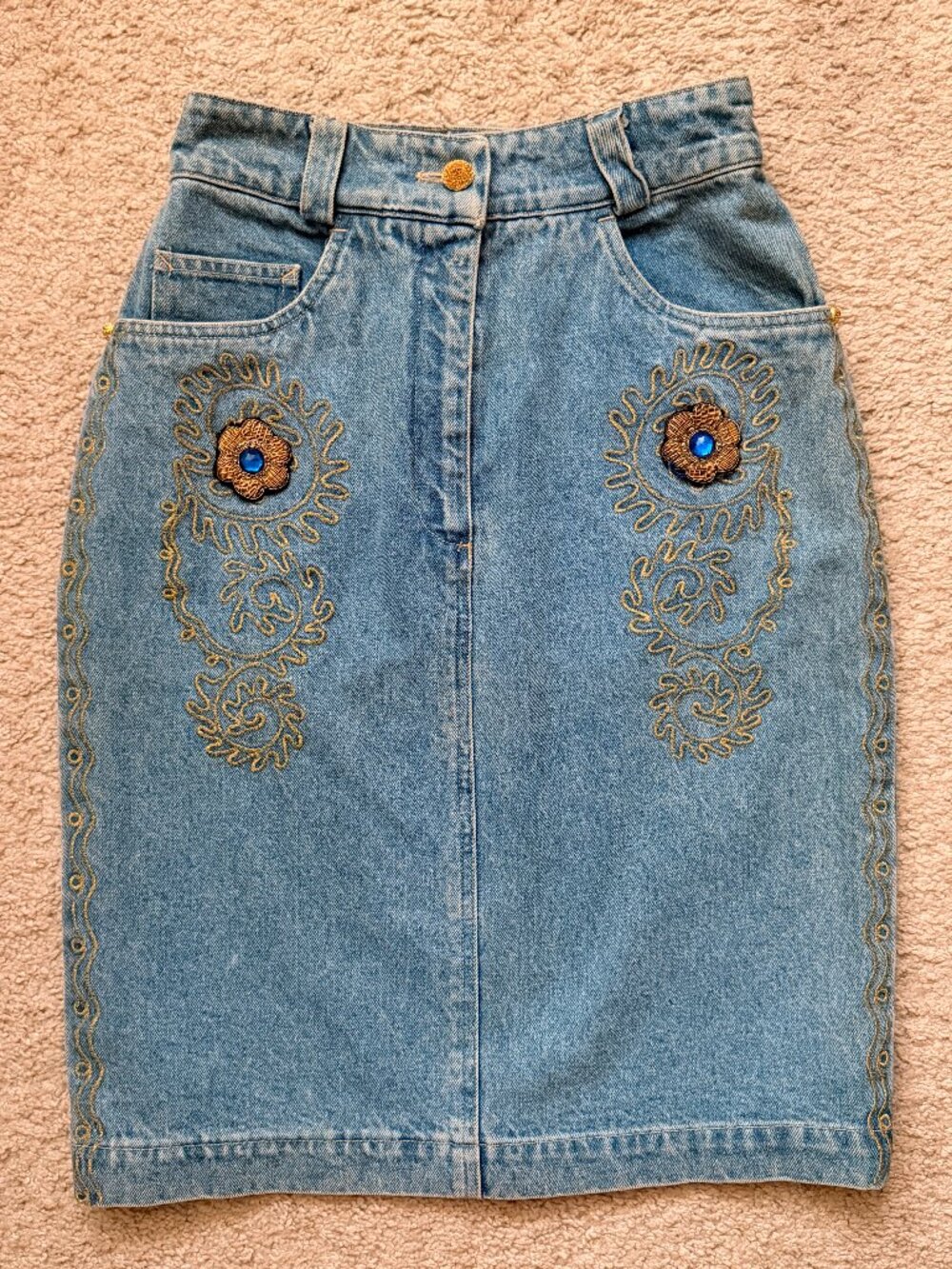 [Rare] Vintage MONDI Denim Skirt Gold Embroidery Blue Jewel Floral Appliqué 36